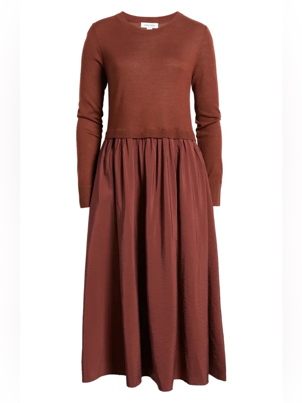 Nordstrom Mixed Media Long Sleeve Midi Dress, Burgundy, Size 1X, Fall Holiday